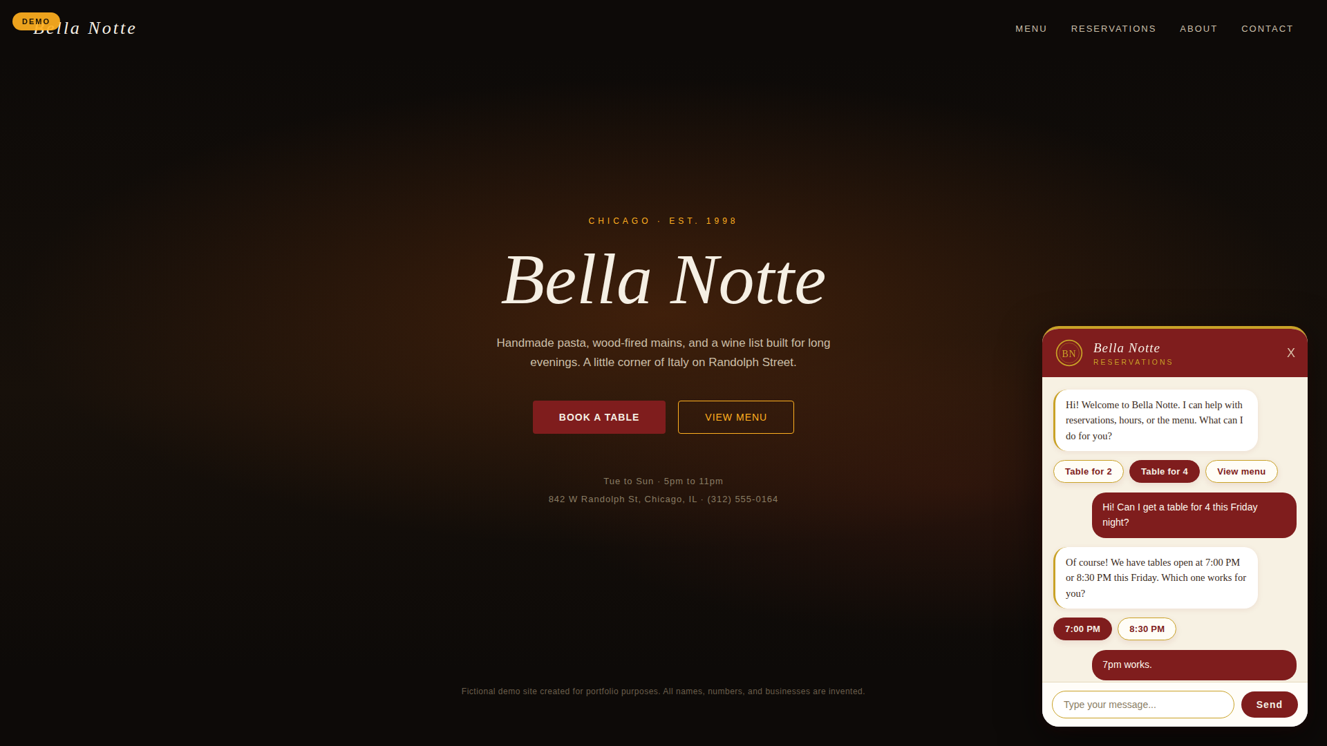 Bella Notte restaurant chatbot demo